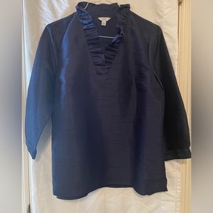 Crown & Ivy Ladies Dark Blue Ruffled Neck Top